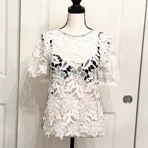 Kimchi Blue White Gray Sheer Crochet / Lace Embroidered Top Blouse, Size XS